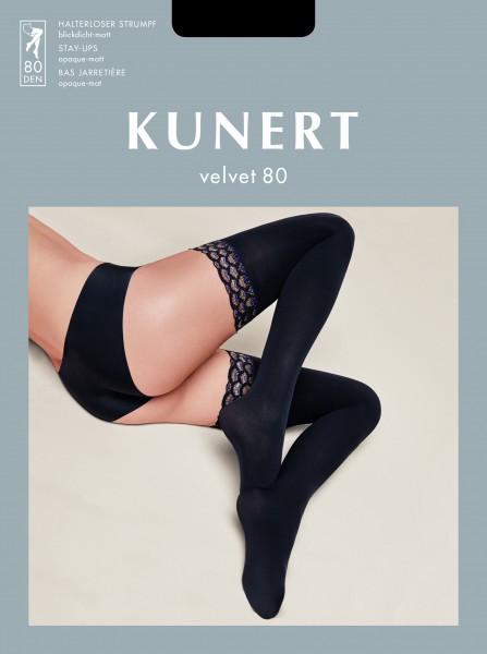 Blickdichte halterlose Strümpfe mit glamourösem Abschlussband Velvet 80 von Kunert